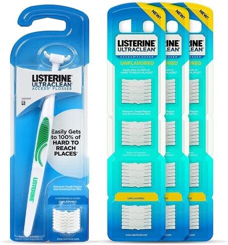 Listerine Ultraclean Access Flosser Starter Bundle | Proper & Durable Oral Care & Hygiene | Effective Plaque Removal, Teeth & Gum Protection, PFAS-Free | Starter Kit + 3pk Mint Refills (28ct.) in Kuwait