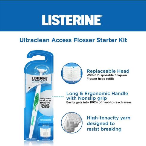 حزمة البداية من Listerine Ultraclean Access Flosser | العناية بالنظافة والفم بشكل سليم ودائم | إزالة فعالة للبلاك، وحماية الأسنان واللثة، وخالية من PFAS | مجموعة المبتدئين + عبوات النعناع المكونة من 3 عبوات (28 قيراطًا) in Kuwait