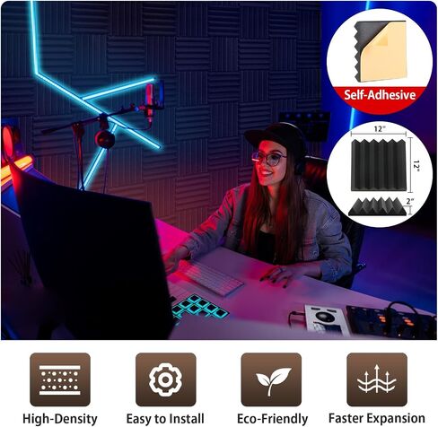 6 Pack Sound Proof Foam Panels for Walls 12" X 12" X 2" Pyramid Acoustic Foam Panels with Self-Adhesive High Density Soundproof Wall Panels for Studio and Home in Saudi Arabia