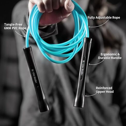 حبل القفز PVC 6 مم من Hererope للرجال والنساء للياقة البدنية، والسرعة، والخدع، وتدريب القلب، وحبل القفز للملاكمة مع مقابض غير قابلة للكسر وحبل قفز غير ملتوي، حبل القفز قابل للتعديل للداخل والخارج in Kuwait