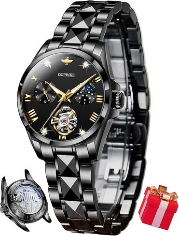 OUPINKE Women Automatic Watches Luxury Diamond Flywheel Two-Tone Stainless Tungsten Steel Band Moon Phase 24 Hours in Kuwait