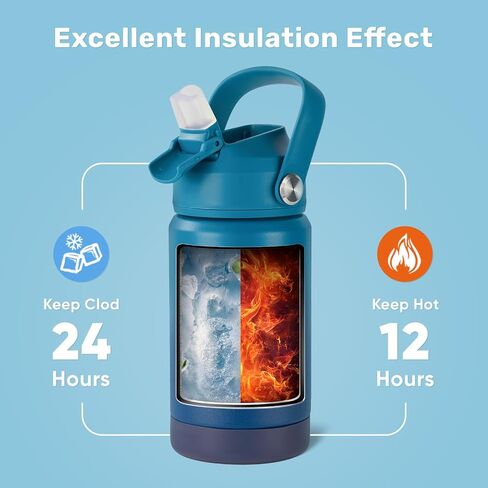 12oz Water Bottle, Kids Water Bottles for School, Toddler Water Bottle with Straw & Handle, 304 Stainless Steel Insulated Water Bottle, Non-slip Silicone Base, BPA Free, Haze Blue in Saudi Arabia