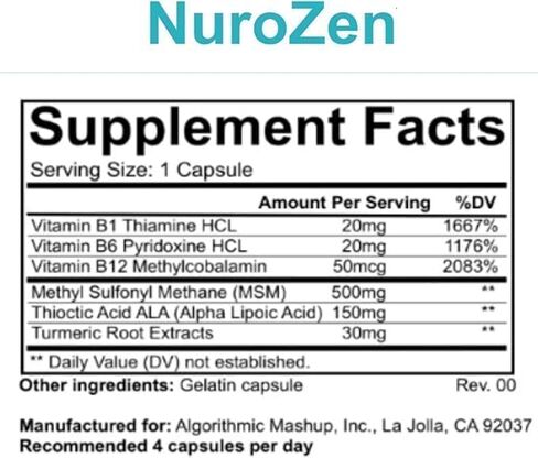 NuroZen 120 Count Nerve Support with MSM, Alpha Lipoic Acid, B Vitamins & Turmeric - USA Made, GMP in Saudi Arabia