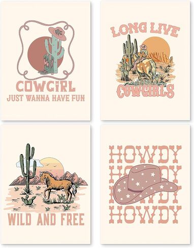 PUHEI Retro Western Howdy Cowgirl Wall Art Prints Set of 4,Western Nursery Decor Girl, Western Room Decor For Teen Girls, Cowgirl Nursery Decor (Unframed), Western Boho Bedroom Decor, 8 x 10 In in Saudi Arabia