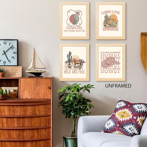 PUHEI Retro Western Howdy Cowgirl Wall Art Prints Set of 4,Western Nursery Decor Girl, Western Room Decor For Teen Girls, Cowgirl Nursery Decor (Unframed), Western Boho Bedroom Decor, 8 x 10 In in Saudi Arabia