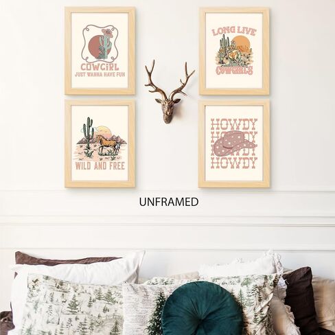 PUHEI Retro Western Howdy Cowgirl Wall Art Prints Set of 4,Western Nursery Decor Girl, Western Room Decor For Teen Girls, Cowgirl Nursery Decor (Unframed), Western Boho Bedroom Decor, 8 x 10 In in Saudi Arabia