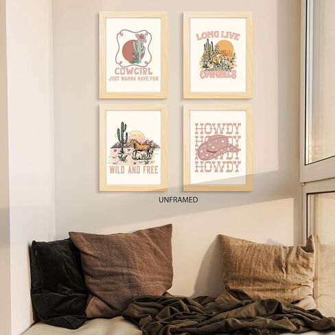 PUHEI Retro Western Howdy Cowgirl Wall Art Prints Set of 4,Western Nursery Decor Girl, Western Room Decor For Teen Girls, Cowgirl Nursery Decor (Unframed), Western Boho Bedroom Decor, 8 x 10 In in Saudi Arabia