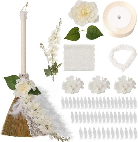YIYTREE Wedding Broom DIY Kit Bride Bridegroom The Jump Broom Ceremony with Artificial Roses/Green Leaves/Ribbons/Pearl (28.5 inch x 11.8 inch) in Saudi Arabia