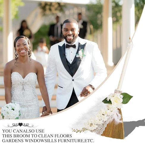 YIYTREE Wedding Broom DIY Kit Bride Bridegroom The Jump Broom Ceremony with Artificial Roses/Green Leaves/Ribbons/Pearl (28.5 inch x 11.8 inch) in Saudi Arabia