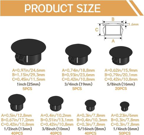 200pcs 7 أحجام مقابس ثقب أسود مقابس نايلون بلاستيكية للثقوب المستديرة ، 1 "3/4" 5/8 "1/2" 3/8 "5/16" 1/4 "غطاء ثقب مستدير ، يستخدم للأثاث البلاستيكي ، أثاث مجلس الوزراء DD016-B in Kuwait