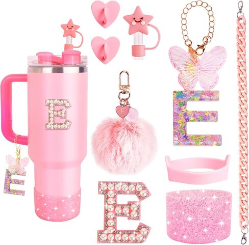 8 Pcs Pink Accessories Set for Stanley Cup 30 oz 40 oz, Silicone Glitter Boot, Star Straw Cover, Pom-Pom Charm, Letter Charm, Water Bottle Handle, Initial Sticker for Stanley Tumbler (M) in Saudi Arabia
