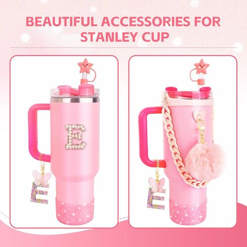 8 Pcs Pink Accessories Set for Stanley Cup 30 oz 40 oz, Silicone Glitter Boot, Star Straw Cover, Pom-Pom Charm, Letter Charm, Water Bottle Handle, Initial Sticker for Stanley Tumbler (M) in Saudi Arabia