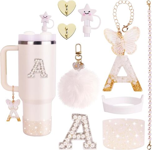 8 Pcs Pink Accessories Set for Stanley Cup 30 oz 40 oz, Silicone Glitter Boot, Star Straw Cover, Pom-Pom Charm, Letter Charm, Water Bottle Handle, Initial Sticker for Stanley Tumbler (M) in Saudi Arabia