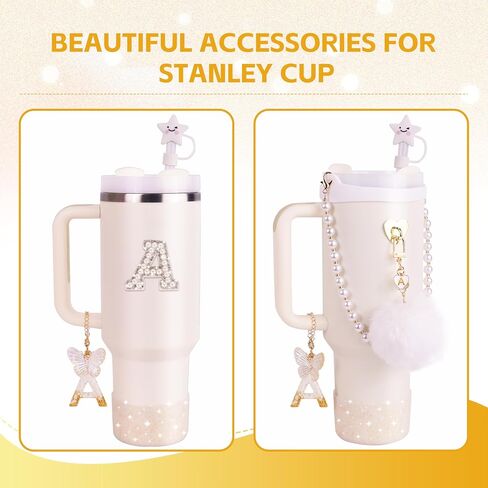 8 Pcs Pink Accessories Set for Stanley Cup 30 oz 40 oz, Silicone Glitter Boot, Star Straw Cover, Pom-Pom Charm, Letter Charm, Water Bottle Handle, Initial Sticker for Stanley Tumbler (M) in Saudi Arabia