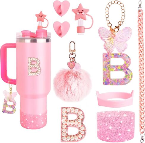 8 Pcs Pink Accessories Set for Stanley Cup 30 oz 40 oz, Silicone Glitter Boot, Star Straw Cover, Pom-Pom Charm, Letter Charm, Water Bottle Handle, Initial Sticker for Stanley Tumbler (M) in Kuwait