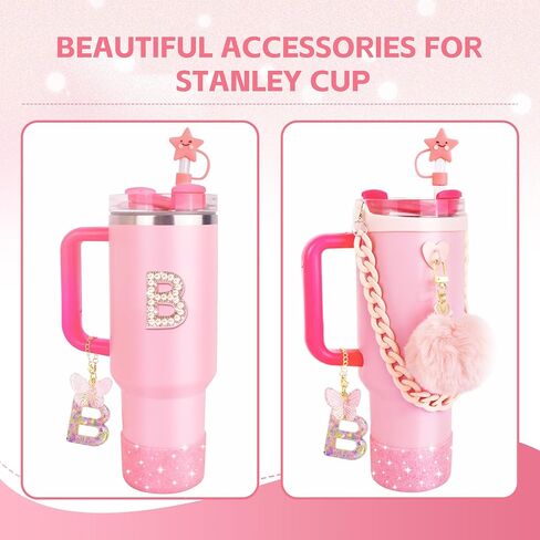 8 Pcs Pink Accessories Set for Stanley Cup 30 oz 40 oz, Silicone Glitter Boot, Star Straw Cover, Pom-Pom Charm, Letter Charm, Water Bottle Handle, Initial Sticker for Stanley Tumbler (M) in Kuwait