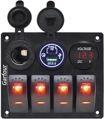 Green 4 Gang Marine Waterproof Boat Switch Panel Aluminium Panel with 12V Voltmeter Type-C and QC3.0 USB Charging Socket Rocker Witch Panel for Car Boat in Saudi Arabia
