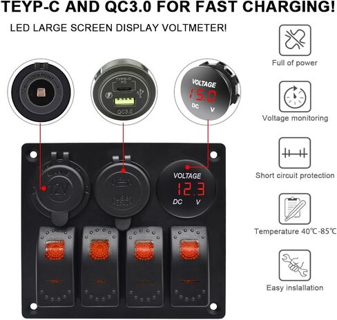 Green 4 Gang Marine Waterproof Boat Switch Panel Aluminium Panel with 12V Voltmeter Type-C and QC3.0 USB Charging Socket Rocker Witch Panel for Car Boat in Saudi Arabia
