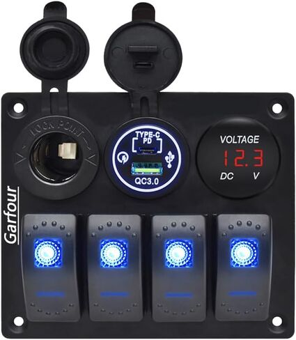Green 4 Gang Marine Waterproof Boat Switch Panel Aluminium Panel with 12V Voltmeter Type-C and QC3.0 USB Charging Socket Rocker Witch Panel for Car Boat in Saudi Arabia