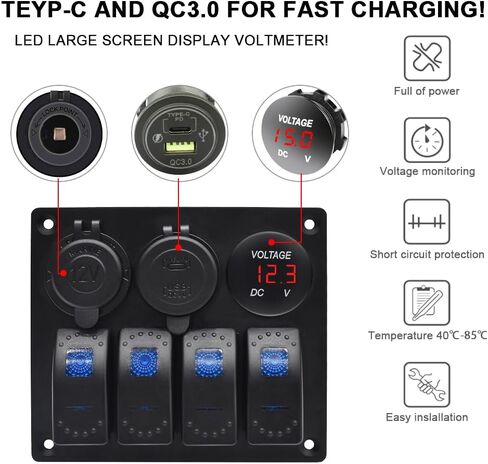 Green 4 Gang Marine Waterproof Boat Switch Panel Aluminium Panel with 12V Voltmeter Type-C and QC3.0 USB Charging Socket Rocker Witch Panel for Car Boat in Saudi Arabia