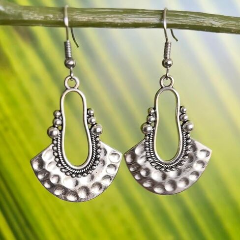 Handmade Boho Fashion Tribal Ethnic Gypsy Hippy Dangle Earrings Paddle Silver or Patina for Women in Kuwait