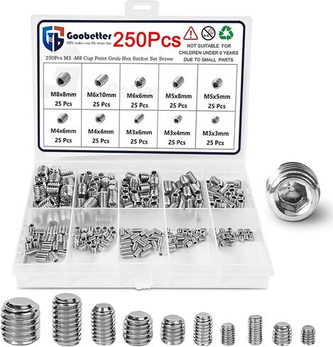 Set Screw Assortment Kit (250 Pcs) - Metric Sizes M3, M4, M5, M6, M8-304 Stainless Steel Cupped & Hex Head Screws - Perfect for Door Knobs, Home Repair, Furniture, and More! in Saudi Arabia