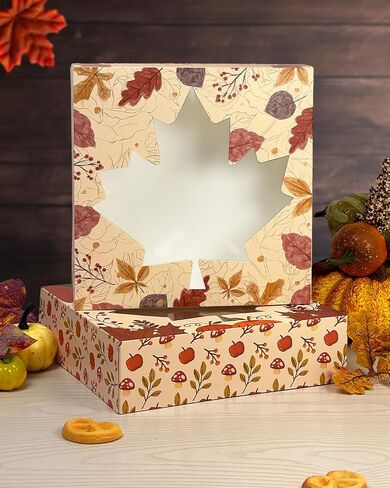 qiqee Thanksgiving Auto-pop Up 10x10x2.5 inch Pie Boxes with Window Pumkin Leaves 30Packs Cookie Donut Bakery Box in Saudi Arabia