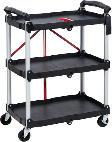 3 Tier Folding Rolling Utility Cart, Portable Collapsible Service Cart, 165 Lbs, Foldable Tool Cart with Dual Ergonomic Handles, Wheels for Warehouse, Home, Restaurant, Black in Saudi Arabia