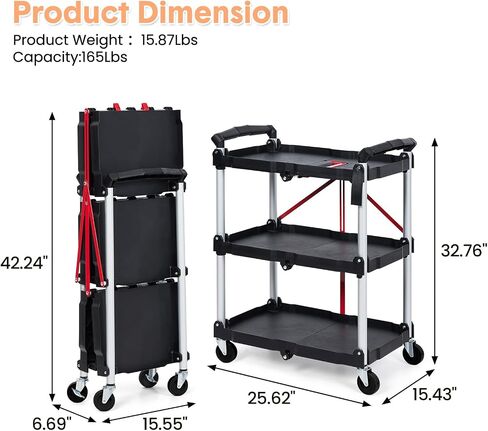 3 Tier Folding Rolling Utility Cart, Portable Collapsible Service Cart, 165 Lbs, Foldable Tool Cart with Dual Ergonomic Handles, Wheels for Warehouse, Home, Restaurant, Black in Saudi Arabia