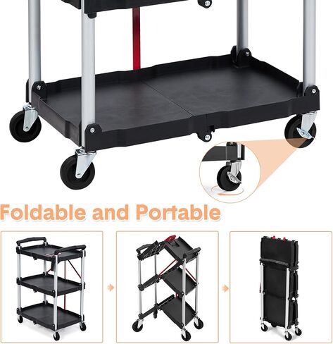 3 Tier Folding Rolling Utility Cart, Portable Collapsible Service Cart, 165 Lbs, Foldable Tool Cart with Dual Ergonomic Handles, Wheels for Warehouse, Home, Restaurant, Black in Saudi Arabia