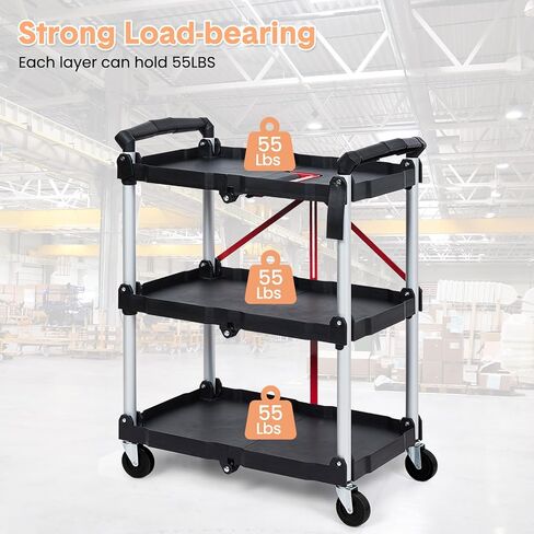 3 Tier Folding Rolling Utility Cart, Portable Collapsible Service Cart, 165 Lbs, Foldable Tool Cart with Dual Ergonomic Handles, Wheels for Warehouse, Home, Restaurant, Black in Saudi Arabia