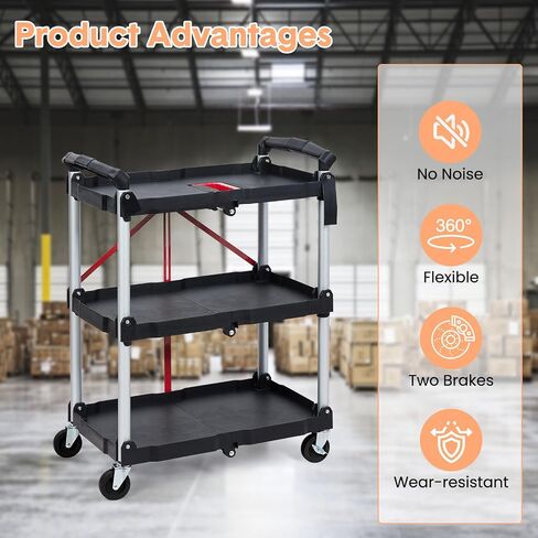 3 Tier Folding Rolling Utility Cart, Portable Collapsible Service Cart, 165 Lbs, Foldable Tool Cart with Dual Ergonomic Handles, Wheels for Warehouse, Home, Restaurant, Black in Saudi Arabia