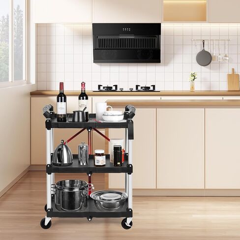 3 Tier Folding Rolling Utility Cart, Portable Collapsible Service Cart, 165 Lbs, Foldable Tool Cart with Dual Ergonomic Handles, Wheels for Warehouse, Home, Restaurant, Black in Saudi Arabia