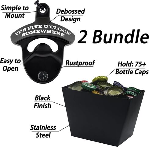 Black Wall Mounted Bottle Opener with Cap Catcher Stainless, IT'S FIVE O'CLOCK SOMEWHERE Screw in Wall Beer Cap Opener Bucket Gift in Saudi Arabia