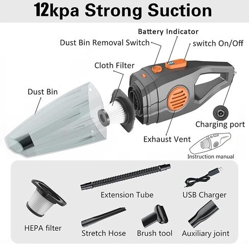 AZK Handheld Car Vacuum Cordless, Portable Car Vacuum with 22500pa High Power Suction, Two Sets of Batteries Long Endurance, 18v/120w Mini Vacuum Cleaner for Car, Home, Office, Pet in Saudi Arabia