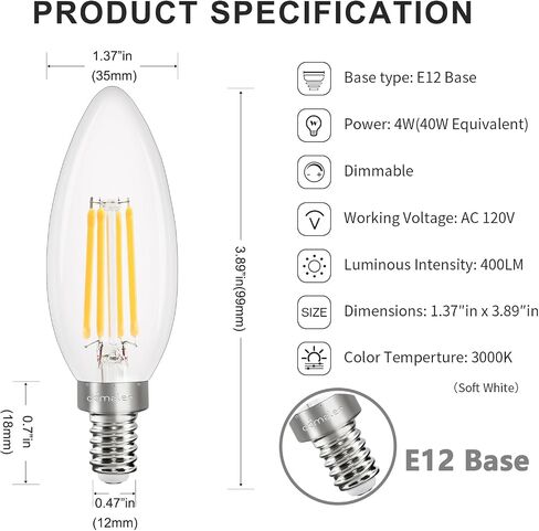 comzler E12 LED Candelabra Bulb Dimmable, Chandelier Light Bulb 2700K Warm White,40W Equivalent,Type B Ceiling Fan Bulbs,C35 B11 Edison Filament Candle Bulbs Candle Lights,400LM,Pack of 6 in Saudi Arabia