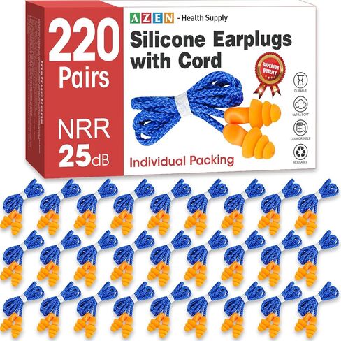 AZEN 55 Pairs Silicone Ear Plugs, Reusable Earplugs for Noise Reduction, 25dB NRR Corded Ear Plugs for Sleeping Noise Cancelling, Ear Plugs with String Individual Packing in Saudi Arabia