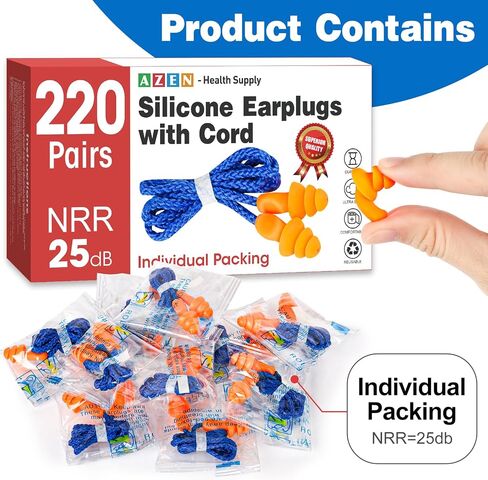 AZEN 55 Pairs Silicone Ear Plugs, Reusable Earplugs for Noise Reduction, 25dB NRR Corded Ear Plugs for Sleeping Noise Cancelling, Ear Plugs with String Individual Packing in Saudi Arabia