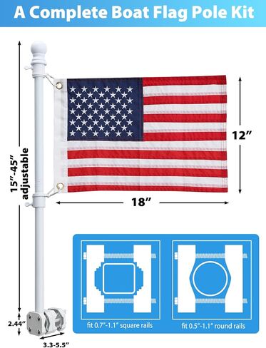 Boat Flag Pole, Pontoon Boat Accessories Flag Pole Kit with 12"x18" American Flag, 45 in Flag Pole, Holder Mount for 0.5"-1.1" Rails, Tangle Free Rings, Metal Black Marine Flags Pole for Yacht, 2 Pack in Saudi Arabia