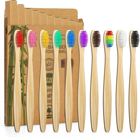 10 Color Kids Bamboo Toothbrushes | BPA Free Soft Bristles Wooden Toothbrushes | Eco-Friendly Biodegradable & Compostable Charcoal Toothbrushes - Economy Family Pack in Saudi Arabia