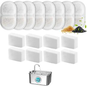 16 PCS Dog and Cat Fountain Filters Replacement Compatible with FUKUAMRU 3.2L/108 OZ Cat Water Fountain, 8 Activated Carbon & Foam Cartridges Set for Pet Drinking Fountains