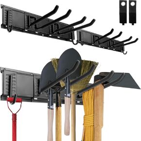 24Pcs 64Inch Wall Mount Tool Storage Rack with 16 Hooks, Heavy Duty Garage Storage Tool Organizer, Garden Tool Wall Hooks and Hangers, Hold Up to 440lbs Black