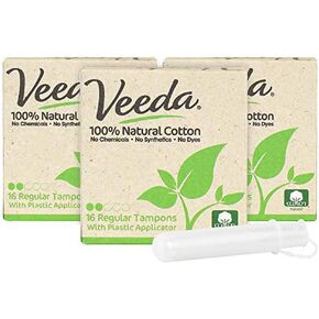 Veeda 100% Natural Cotton Tampons - Regular Absorbency with Leak Proof Protection - Compact BPA-Free Applicator - Unscented & Free from Chlorine, Toxin - 96 Count