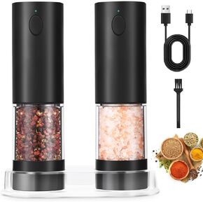 Electric Salt and Pepper Grinder Set Rechargeable Salt and Pepper Mills with Storage Base, Adjustable Coarseness and White LED Light, Washable 95ml Container, Silver