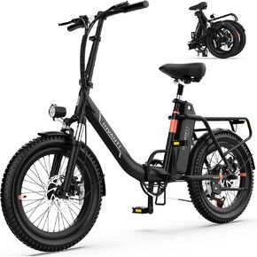 Electric Bike, 20" Fat Tire Step-Thru Electric Bicycle, 900W Peak Motor 45 Miles 20MPH Top Speed, Dual Suspension & 7-Speed Folding Ebike for Adults with Rear Rack