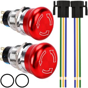 2 Pcs 22mm Metal Emergency Stop Push Button Switch Latching 5A 12V-250V Waterproof Reset SPDT Mushroom 7/8" Mouting Hole 3Pin 1NO 1NC with Wire Connection Plug Rubber Ring