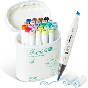Ohuhu Alcohol Markers Supreme Brush Tip: 24-Color Brush & Chisel Double Tipped Art Marker Set for Artist Adults Coloring Illustrations -Honolulu Plus-Refillable