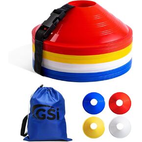 GSi Super Soccer Cones - 40 Pack - Weigh 32gm - 8inch Diameter Cones in 4 Colors - Strap & Bag Included - for Sports & Agility Training Drills