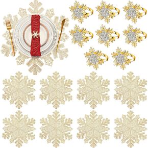 Set of 16 Christmas 8 Snowflake Placemats 8 Snowflake Metal Napkin Ring Vinyl Metallic PVC 15 Inch Silver Placemats Festival Holiday Party Wedding Table Decorations