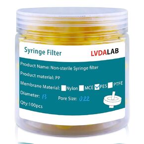 100 PCS Syringe Filter PES Membrane Filters, 25mm Diameter 0.22µm Pore Size, Hydrophilic Syringe Lab Filters, Non Sterile, Yellow